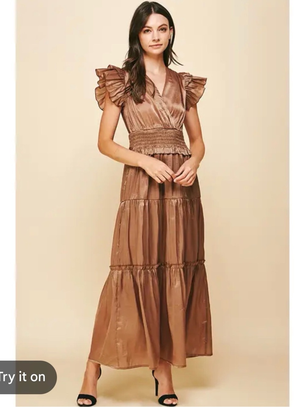 Pinch L SATIN TIERED MAXI DRESS mocha brown sateen large sheen smocked